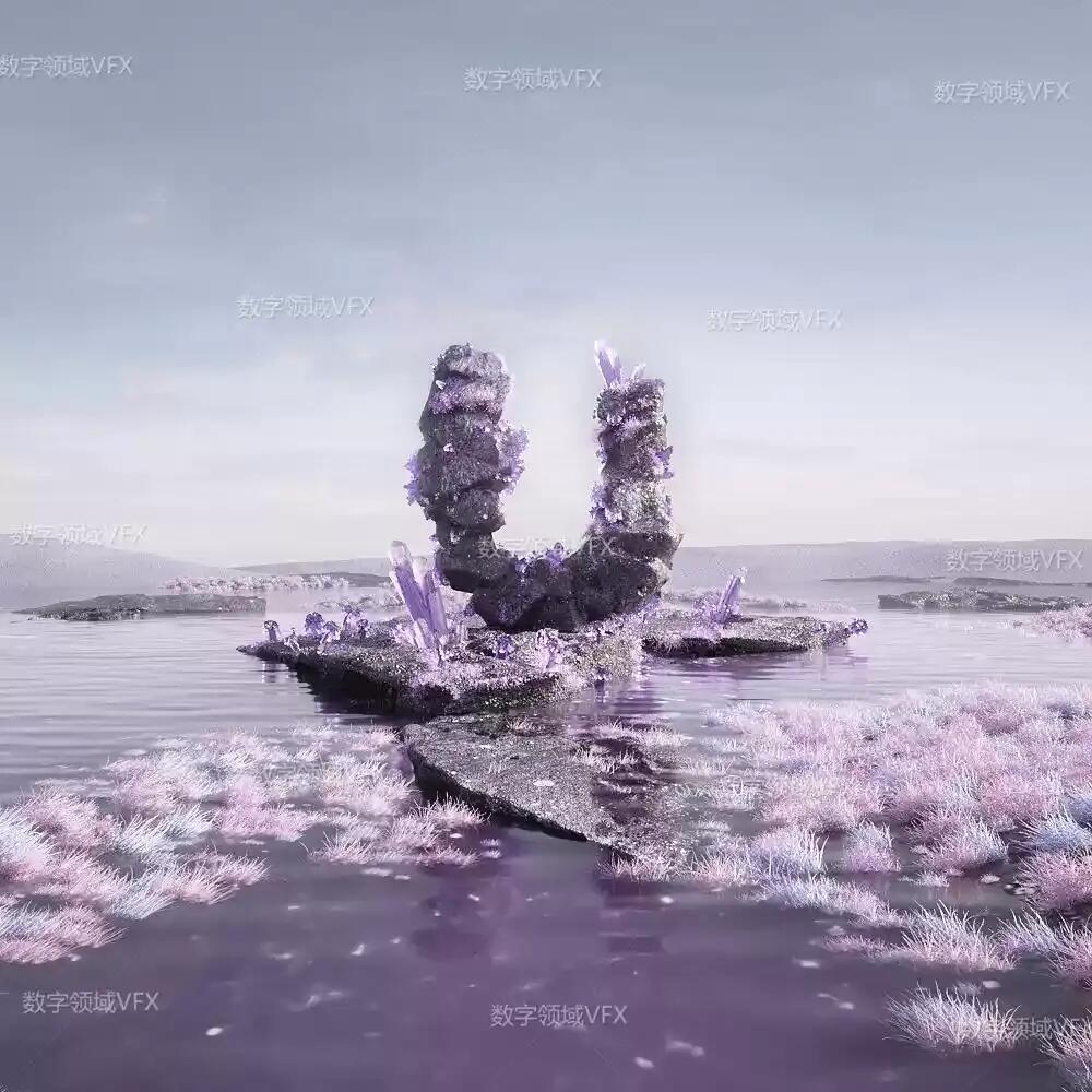 C4D257工程RS渲染-湖面紫色水晶岩石RS场景  -灯光贴图材质齐全