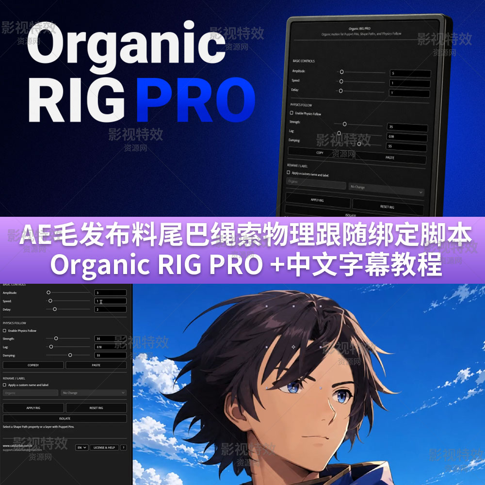 AE毛发布料尾巴绳索物理跟随绑定脚本Organic RIG PRO+中文字幕教程